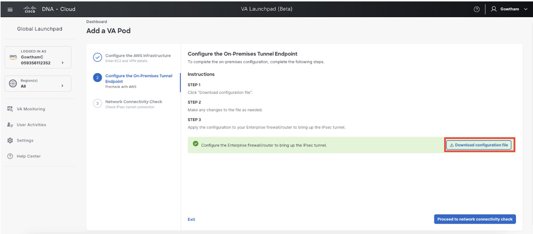 The Add a VA Pod pane displays fields that must be configured to create a VA pod. In step two, you configure the on-premises tunnel endpoint.