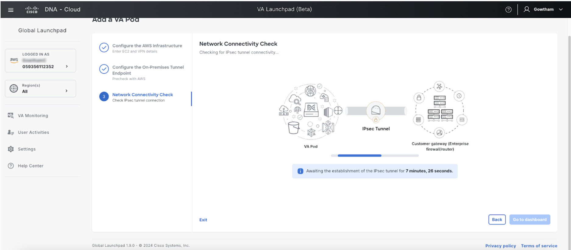 The Add a VA Pod pane displays fields that must be configured to create a VA pod. In step three, Cisco Global Launchpad checks the IPsec tunnel connectivity.