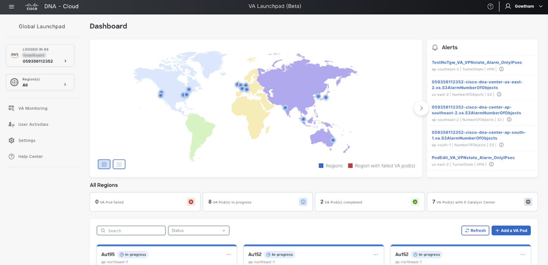 The Dashboard pane displays a map of all the regions and, below the map, displays a list of all existing VA pods.