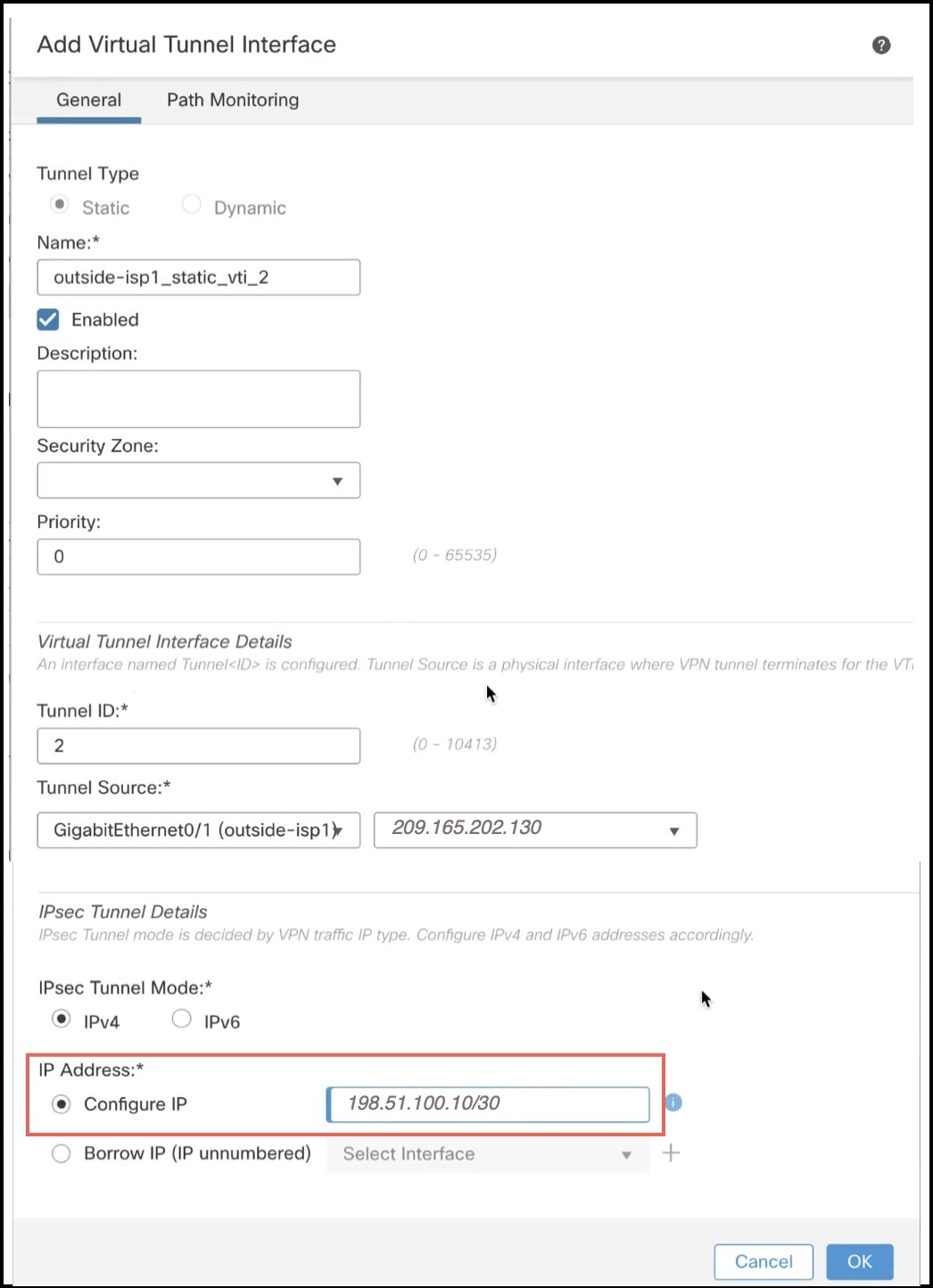 Create Static VTI for a Threat Defense Device Using Management Center