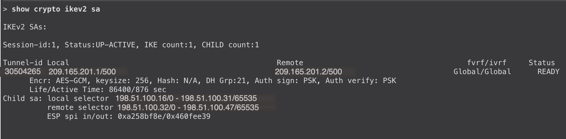 Output of show crypto ikev2 sa command for the policy-based VPN