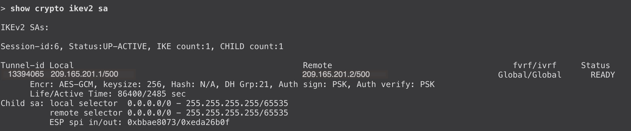 show crypto ikev2 sa for route-based VPN