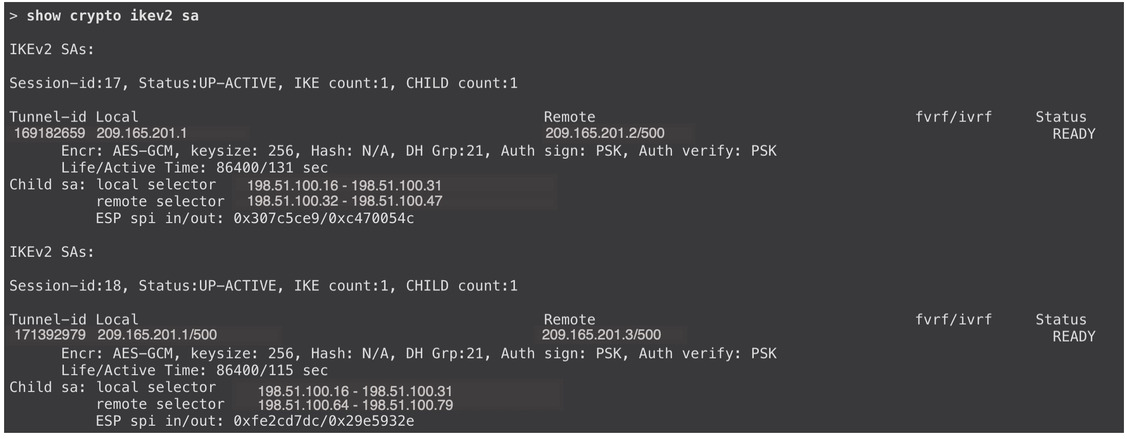 Output of the show crypto ikev2 sa command