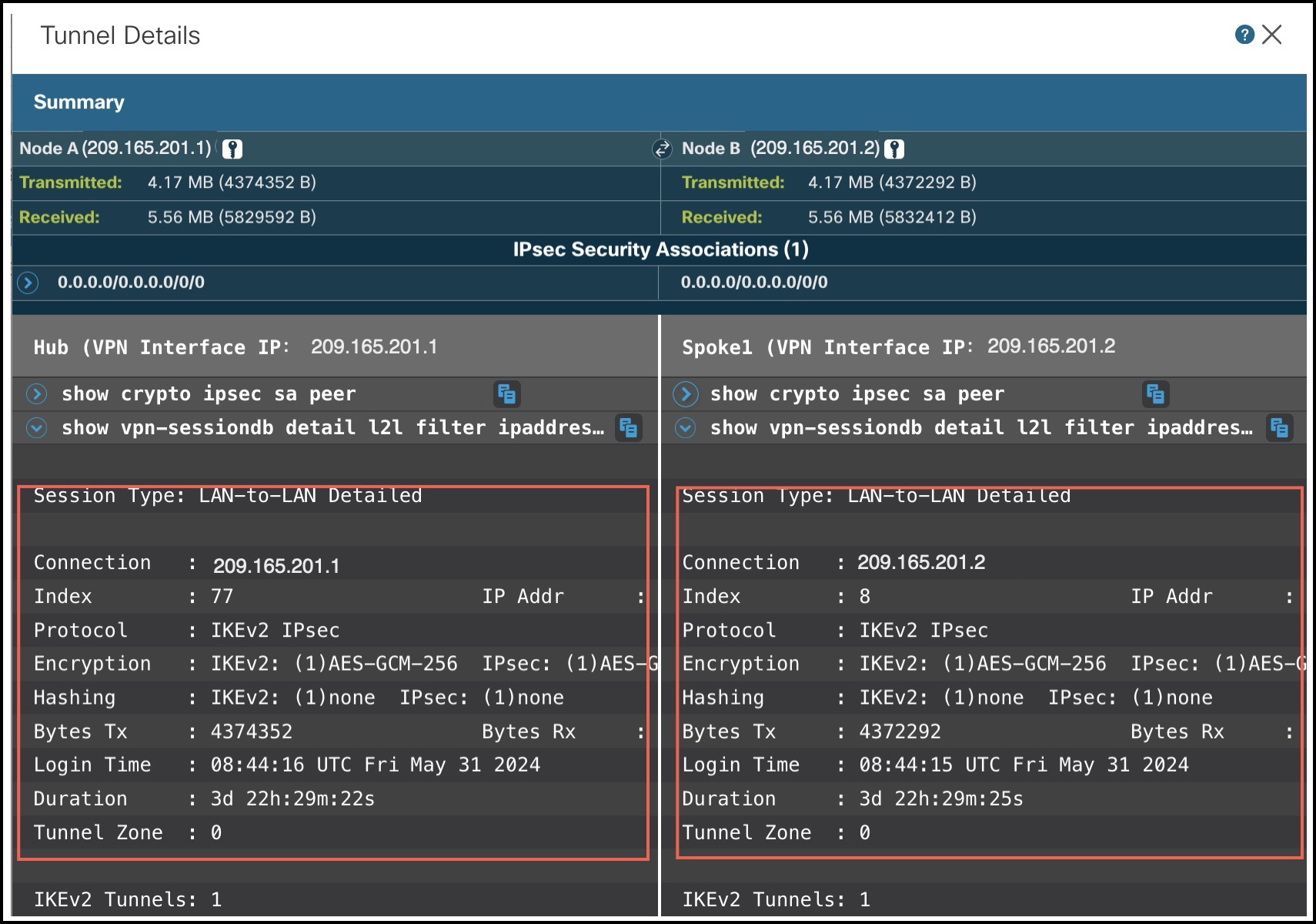 Output of show vpn-sessiondb detail l2lfilter ipaddress command