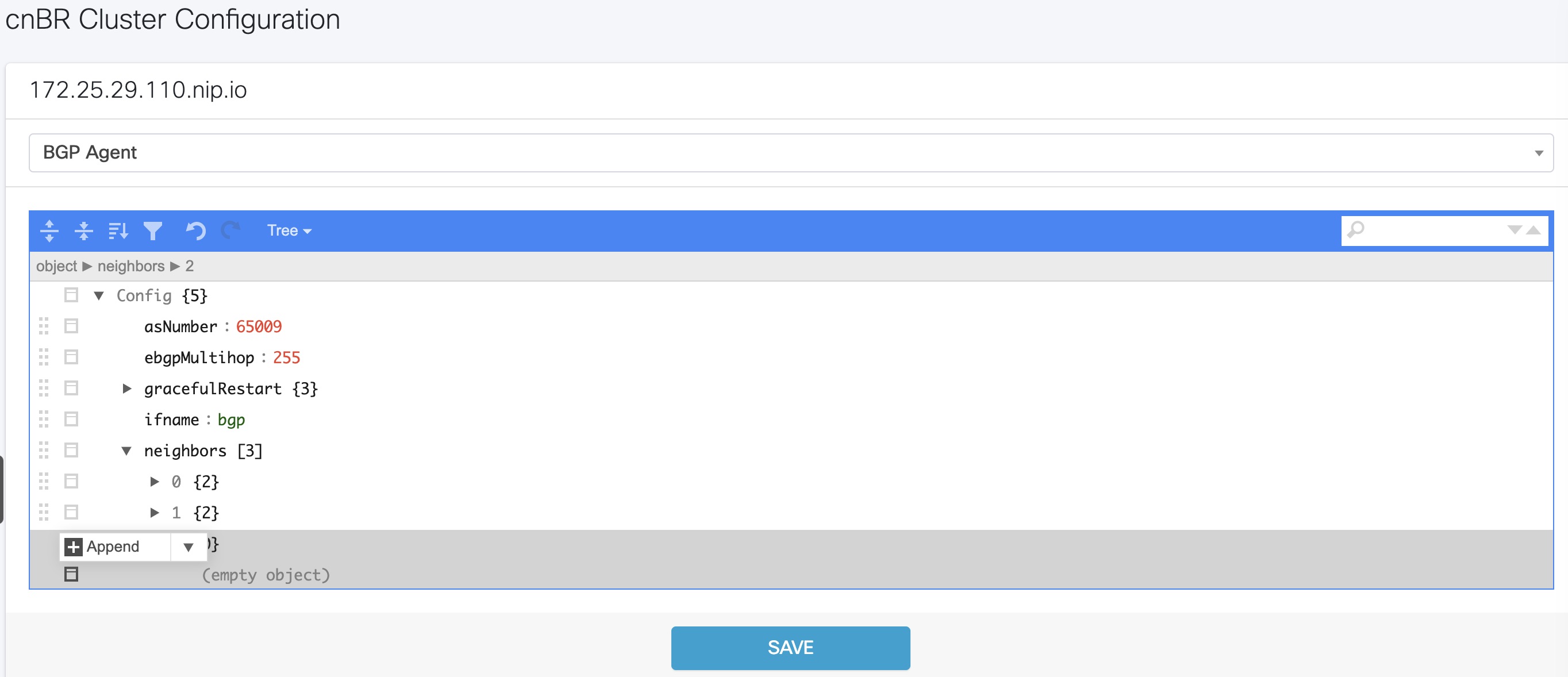 The Screenshot displays the BGP Agent configurator when choosing the Append option