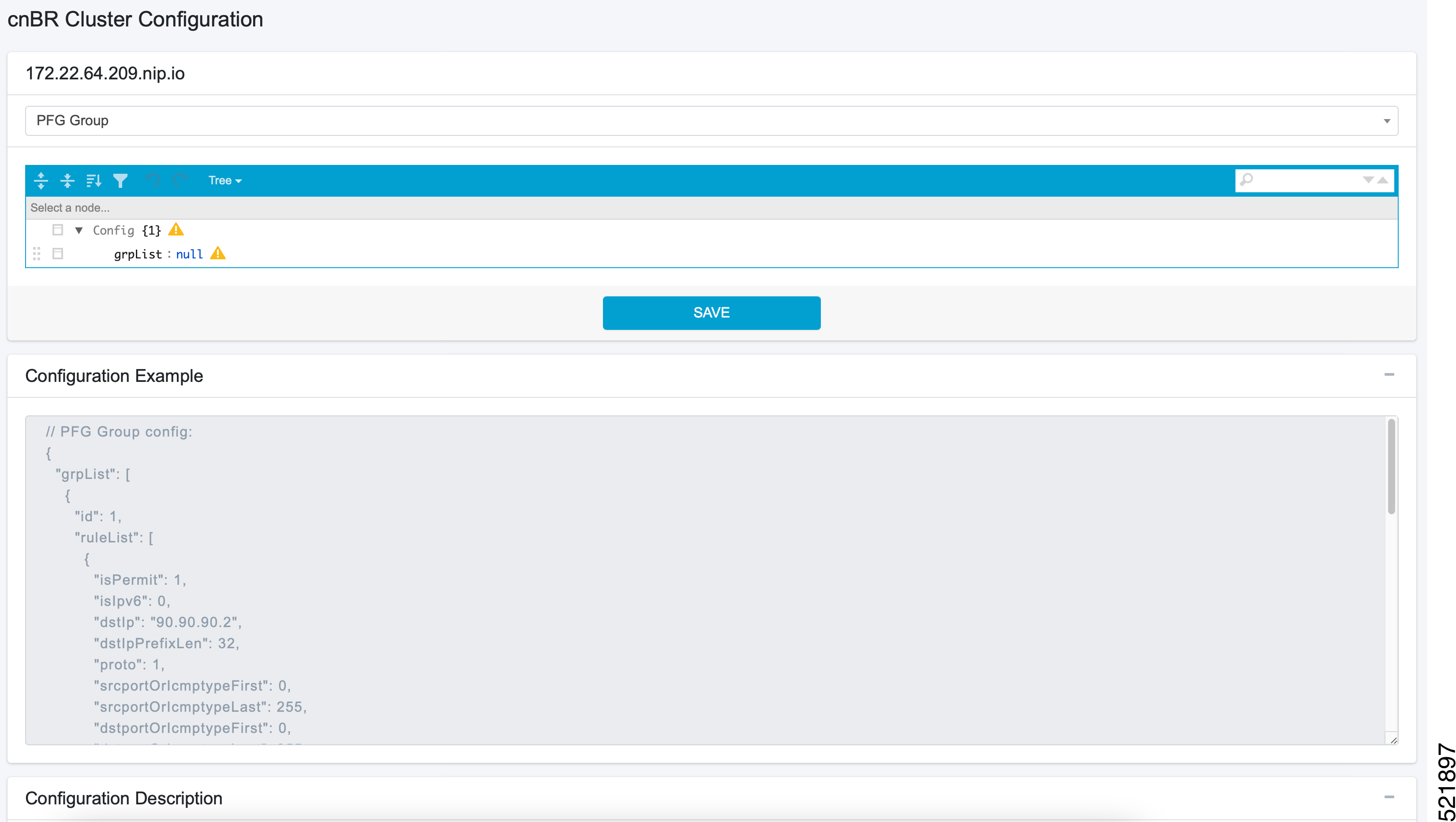 The screenshot displays the PFG Group Configuration