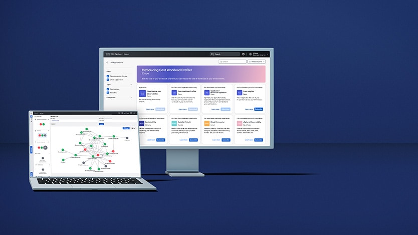 Desktop and laptop screens showing dashboard of Cisco Observability Platform