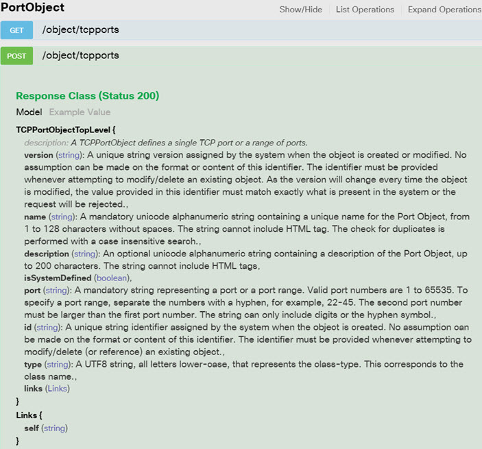 API Explorer 中的 POST object/tcpports 文档。