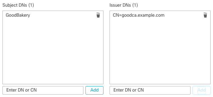 Cet exemple de condition de règle ajoute le nom distinctif BonneBoulangerie à la liste des DNs des sujets et son nom usuel correspondant à la liste des DNs des émetteurs. Cela a pour effet de mettre en correspondance le trafic avec le sujet ou l’émetteur, bien qu’il soit plus courant d’établir une correspondance uniquement avec le sujet.