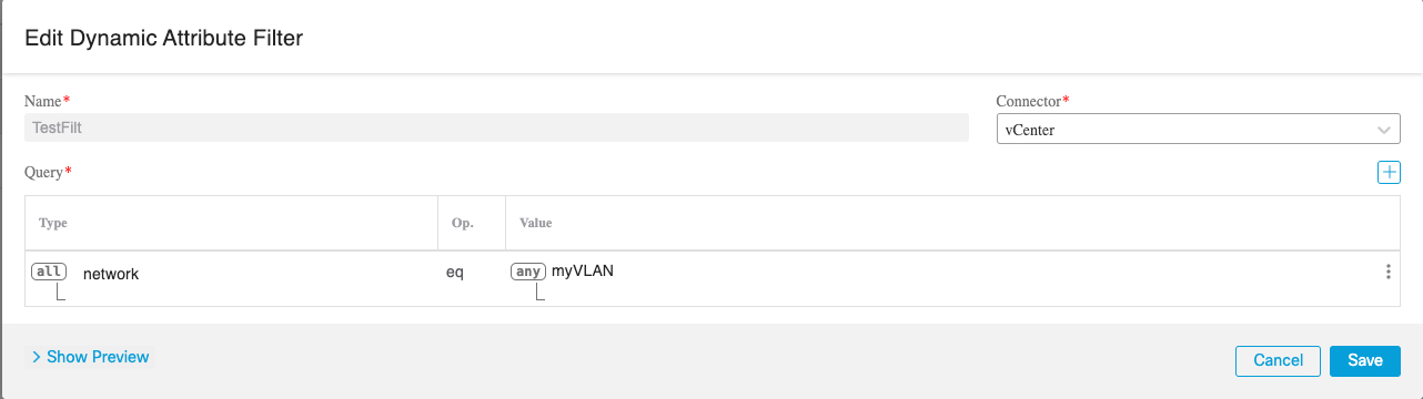 此示例显示了查找 VLAN 的简单 vCenter 动态属性过滤器