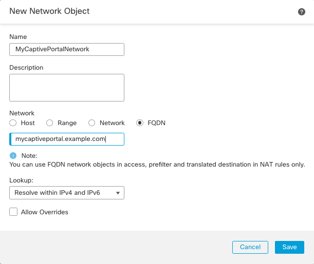 Les utilisateurs peuvent accéder à votre configuration de portail captif avec un nom d’hôte complet. Saisissez le nom d'hôte dans la boîte de dialogue.