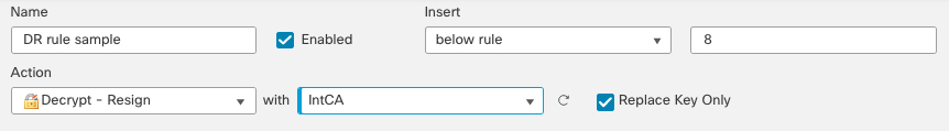 Dans vos règles Decrypt – Resign (Déchiffrer - Resigner), nous vous recommandons de cocher la case Replace Key Only (remplacement de la clé uniquement) afin que les utilisateurs qui consultent un site Web avec un certificat autosigné reçoivent un avertissement dans leur navigateur.