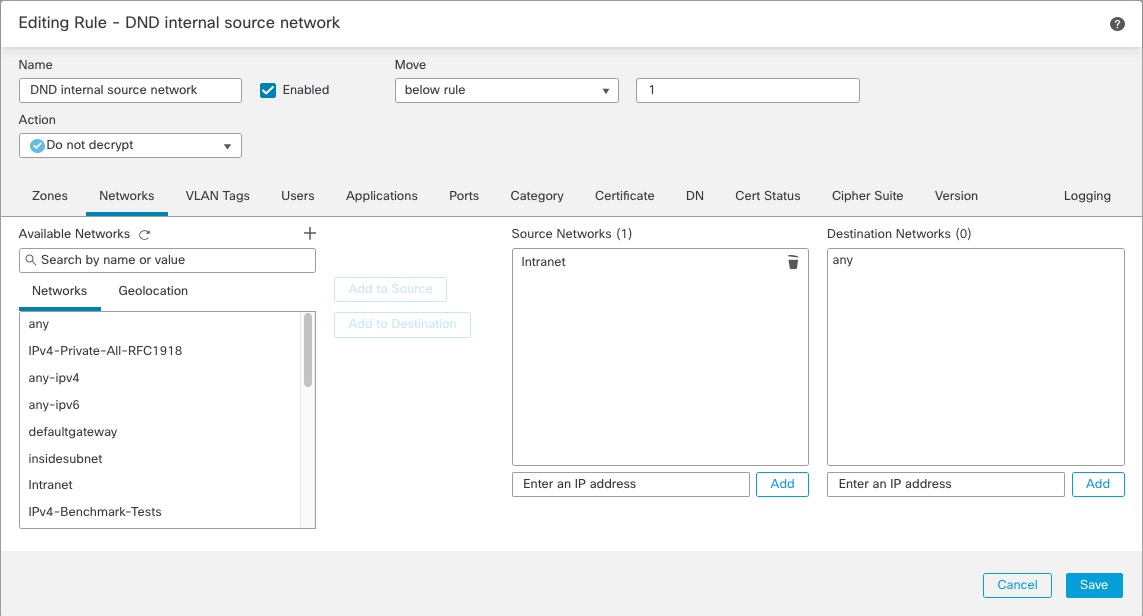 Dans cette règle, vous spécifiez un réseau interne précédemment défini dans la page à onglet Networks (Réseaux). Pour définir le réseau interne, allez à Objets > Gestion des objets > Réseau.