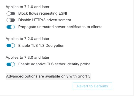 politique de déchiffrement les options avancées vous permettent de définir des options selon la version, telles que l’activation de la sonde d’identité du serveur TLS